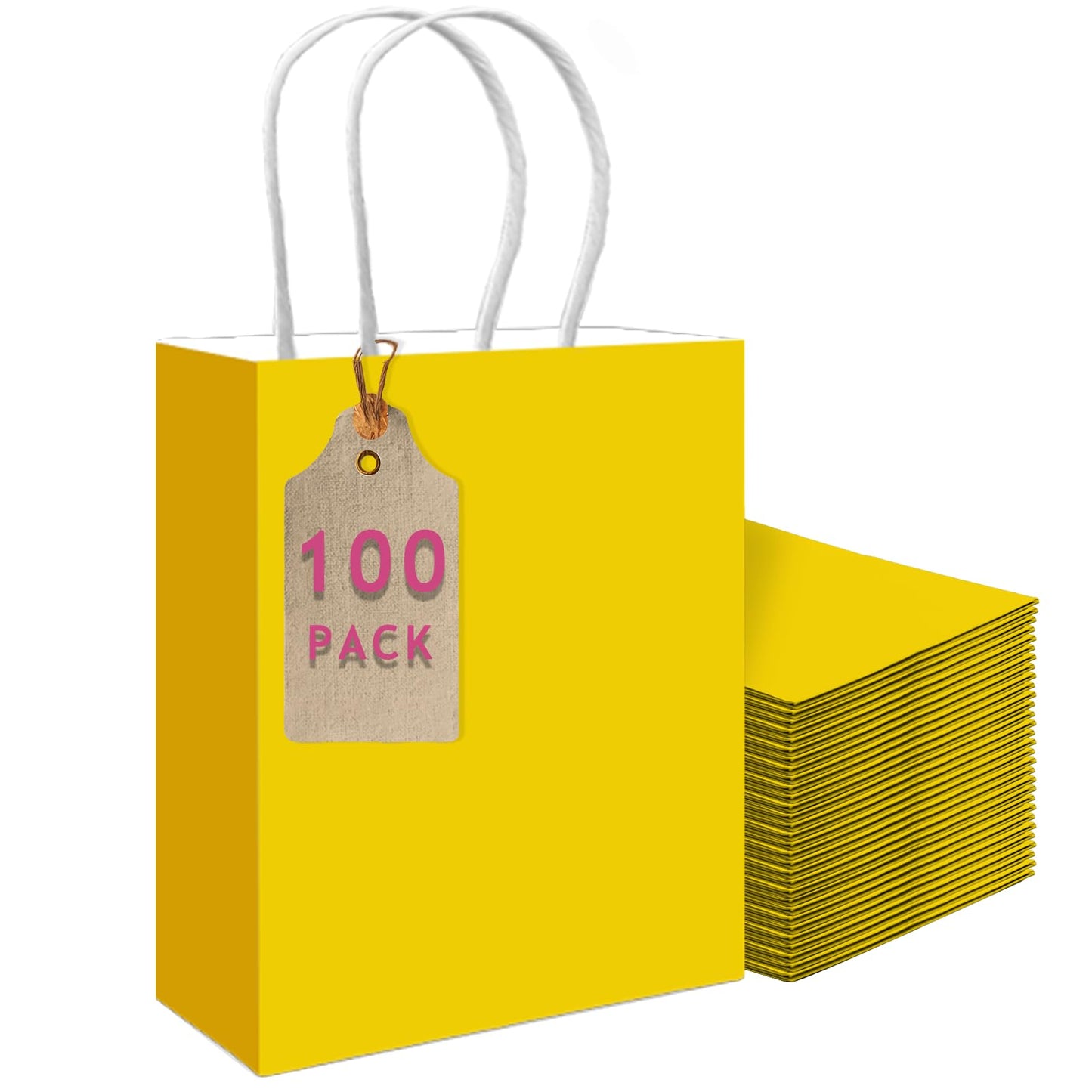 qiqee 100PCS Gift Bag with Handles Bulk Bright Yellow Paper Bags Multiple Uses (11"x5"x8"inch Medium Size)