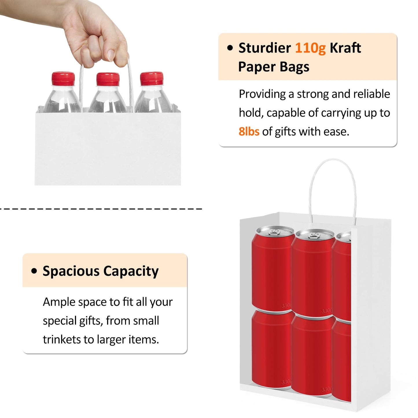 BagDream 50Pcs Gift Bags 8x4.25x10.5 Kraft Paper Gift Bags with Handles Bulk for Shopping, Wedding, Party Favor, Merchandise, Retail, White Paper Grocery Sacks