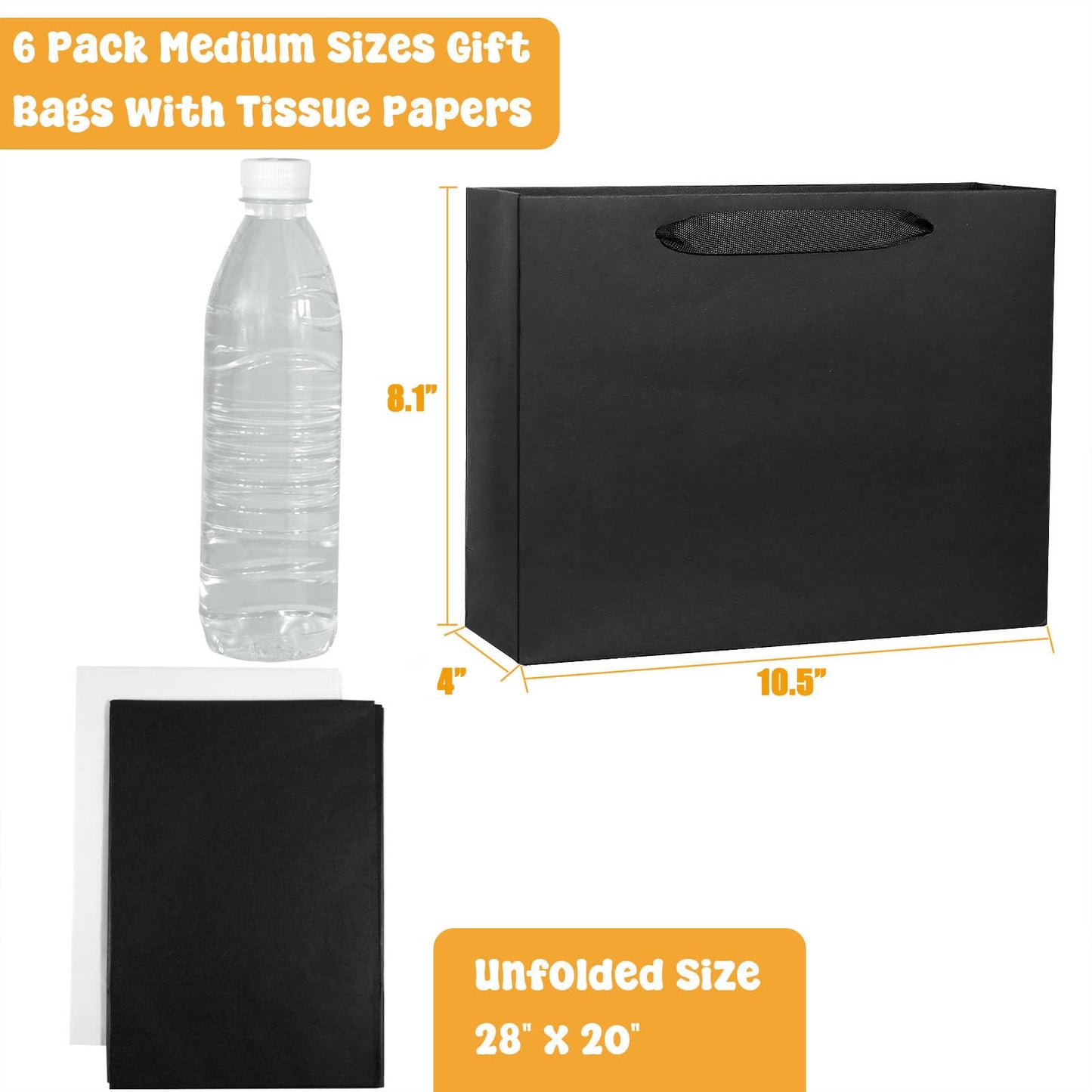 6 Pack Medium 10.5"x4"x8.1" Black Gift Bags with Tissue Papers, Kraft Shopping Bags with Ribbon Handles, Retail Wrapping Set for All Occasions