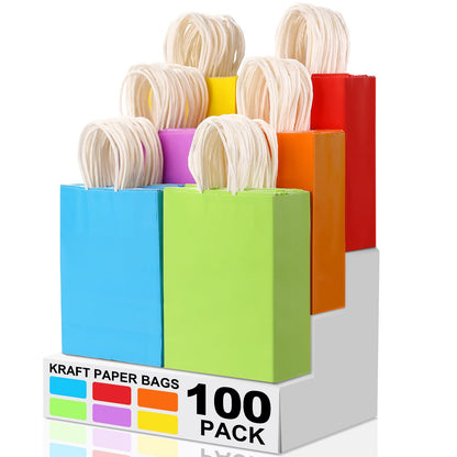 XPCARE 100Pcs Paper Gift Bags,6.3"x3.15"x8.66 Kraft Paper Party Favor Bulk Rainbow Goodie Small Gift Bags with Handles for Kids Birthday Baby Shower Crafts Wedding Party Supplies (6 Colors)