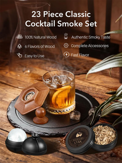 23Pcs Whiskey Smoker Kit with Torch-12 Wood Chips, Ice Ball Mold, Cocktail Smoker Infuser Kit, Old Fashioned Drink Smoker Kit, Birthday Bourbon Whiskey Gifts for Men,Dad,Him, Valentine's Day Gifts