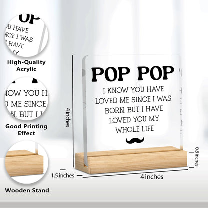 Pop Pop Gifts from Grandkids Best Grandpa Gifts Father's Day Birthday Christmas Gift for Pop Pop Grandpa Clear Acrylic Desk Decoration Sign for Home Bathroom Desk Shelf 4 X 4 Inch