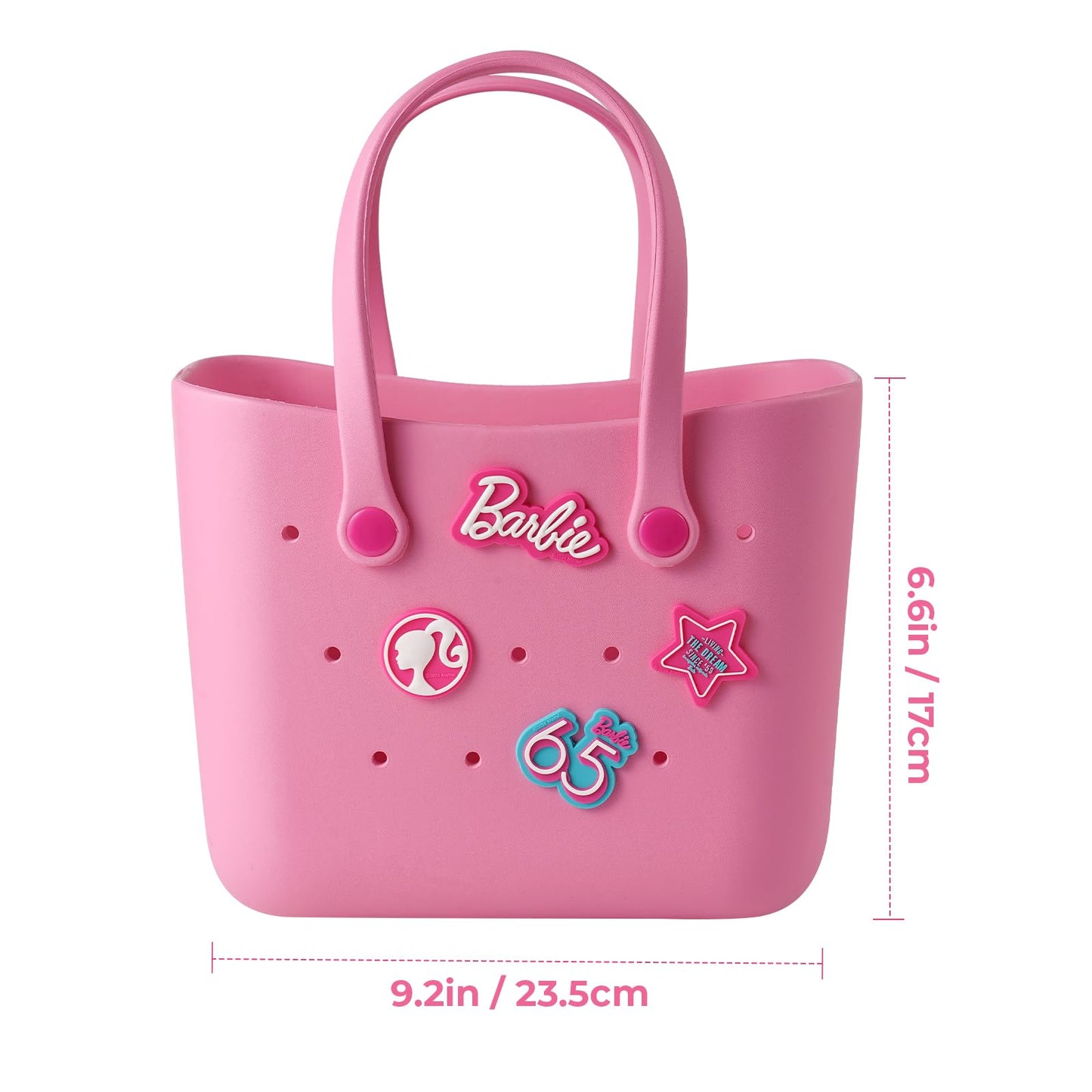 MINISO Barbie Tote Bag, Reusable Small Rubber Waterproof Bag, Cute Design Practical And Portable Handbag for Work Travel (PINK)