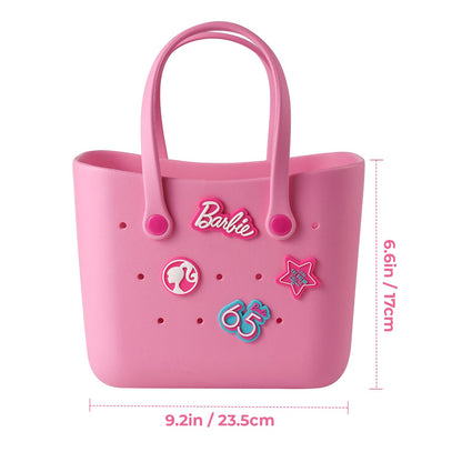 MINISO Barbie Tote Bag, Reusable Small Rubber Waterproof Bag, Cute Design Practical And Portable Handbag for Work Travel (PINK)