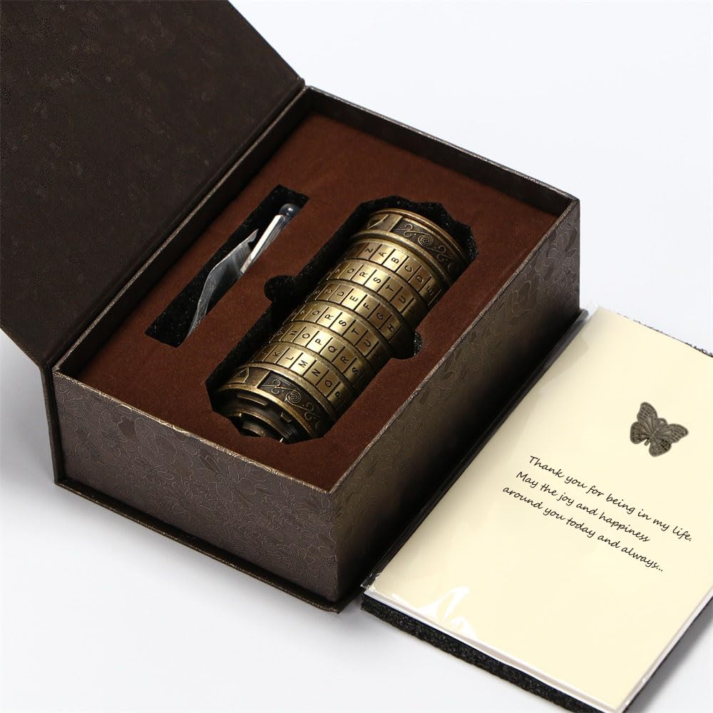 Unique Valentines Gift Cryptex Da Vinci Code Mini Cryptex Lock Puzzle Boxes with Hidden Compartments Heavy Real Metal Novelty Birthday Gifts Big Enough for Notes,Paper Money,Rings,Jewelry (Bronze)