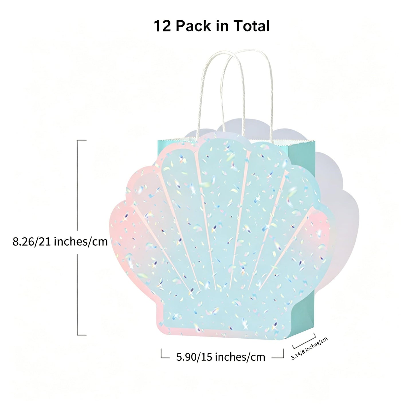 12 Pcs DIY Mermaid Them Party Favor Bags with Holographic Sea Shell Shaped Paper Cards for Under the Sea Ocean Mermaid Theme Birthday Party Supplies