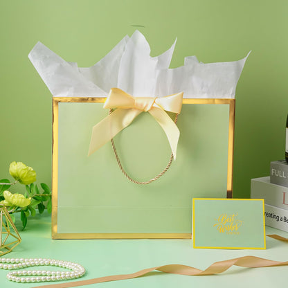 Plauthus Sage Green Gift Bag with Ribbon, 13" Large Gift Bag with Handle, Greeting Card & 2 Tissue Paper（Gold Foil Frame） for Baby, Baby Shower, Weddings, Bridal Showers, Engagements, Any Occasion