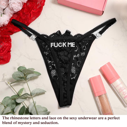 2Pack Women G-String Thongs T Back Low Rise Lace Panties Funny Thongs with Letters Cute Sexy Underwear