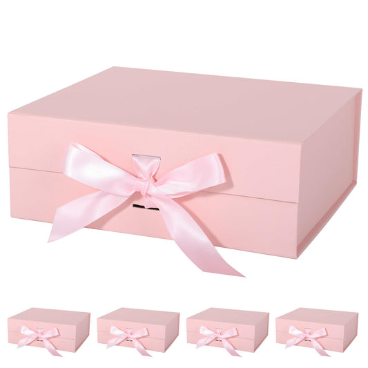 LFBOX Pink Gift Box with Ribbon Magnetic Lids 10.2x9x3.74 in, Christmas Gift Boxes Bridesmaid Groomsman Proposal Boxes, Wedding Storage Box 5 Pack