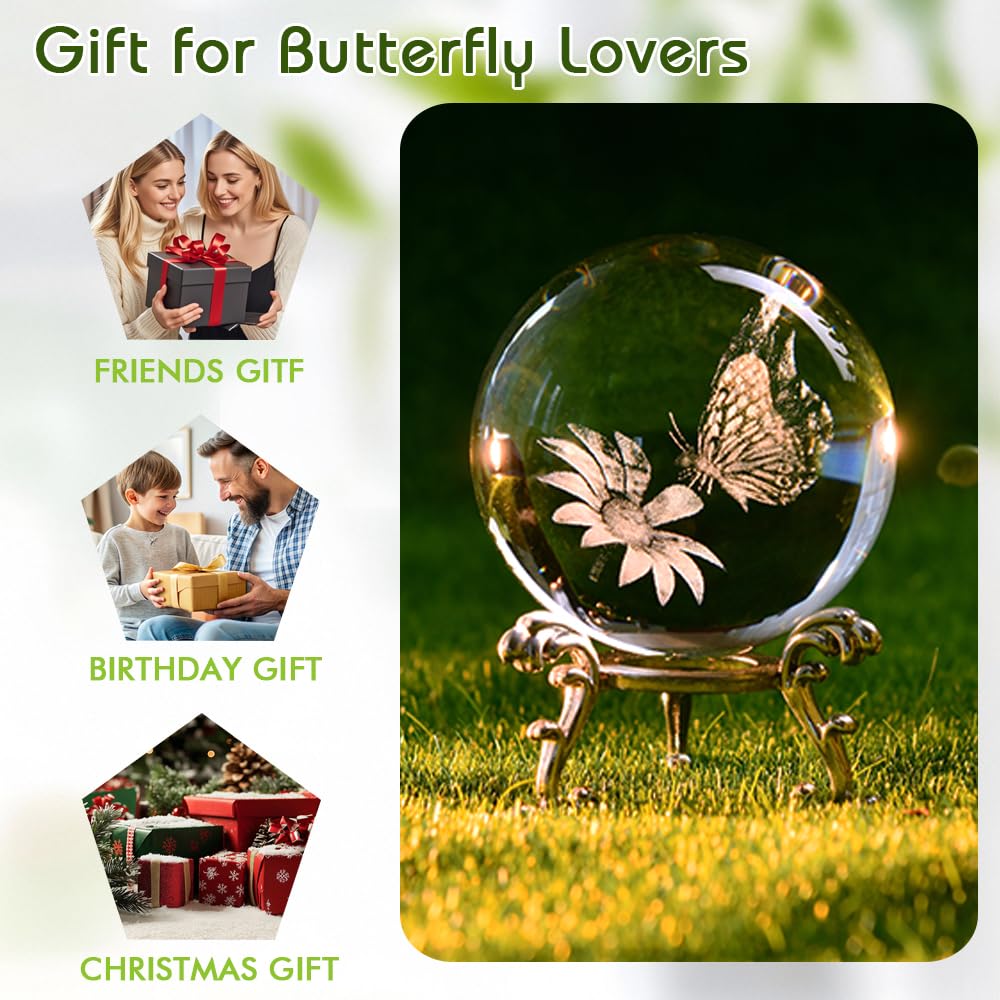 Butterfly Gifts for Women 3D Crystal Ball Butterfly Gift for Her Girl with Stand Wife Mom