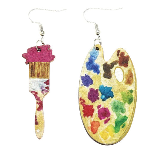 Bohemian Vintage Big Wooden Artist Double-sided Printing Paint Brush Dangle Drop Earrings Paint Palette Charm Earrings Colorful Painter Jewelry for Women Artist Gift Art Teacher Gifts