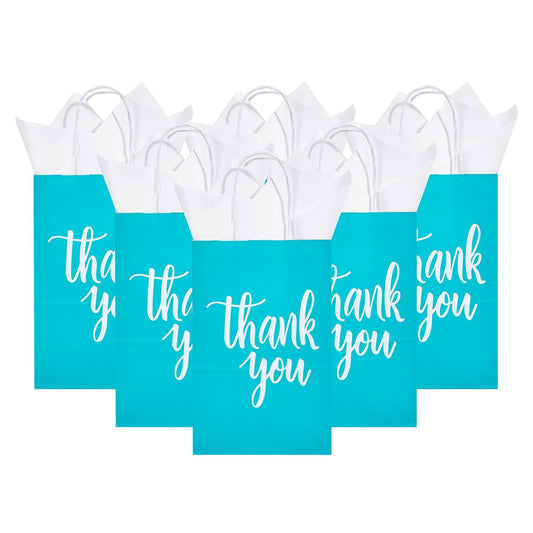 DjinnGlory 50 Pack Small Teal Blue Paper Bags with Handles 9x5.5x3.15 Inch and 50 White Tissue Paper, Thank You Gift Bags for Business Wedding Baby Shower Birthday Party Goodies