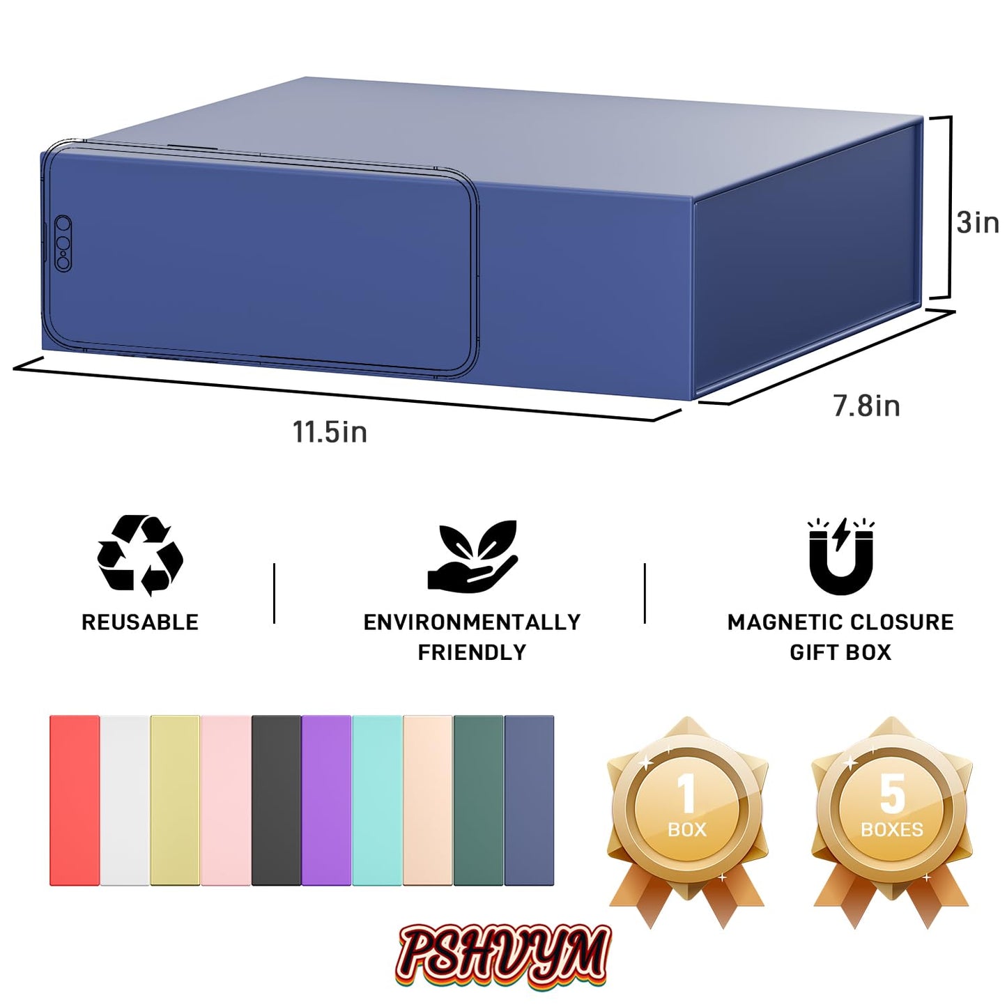PSHVYM Gift Boxes with Lids, 11.5x7.8x3 In Gentleman Blue Gift Box for Presents Magnetic Closure for T-Shirts, Gloves, Scarves, Books, Baby Clothes, Robes Clothing Gift Wrap, Contains Card, Ribbon
