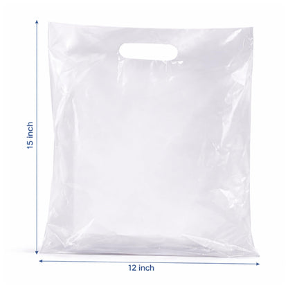 Infinite Pack 100 Clear Plastic Merchandise Bags with Handles 12"x15" | 1.25Mil Thick Glossy Retail Shopping Bags for Small Business Boutique Bag Clear Gift Bags for Shopping, Clothing and Trade Show