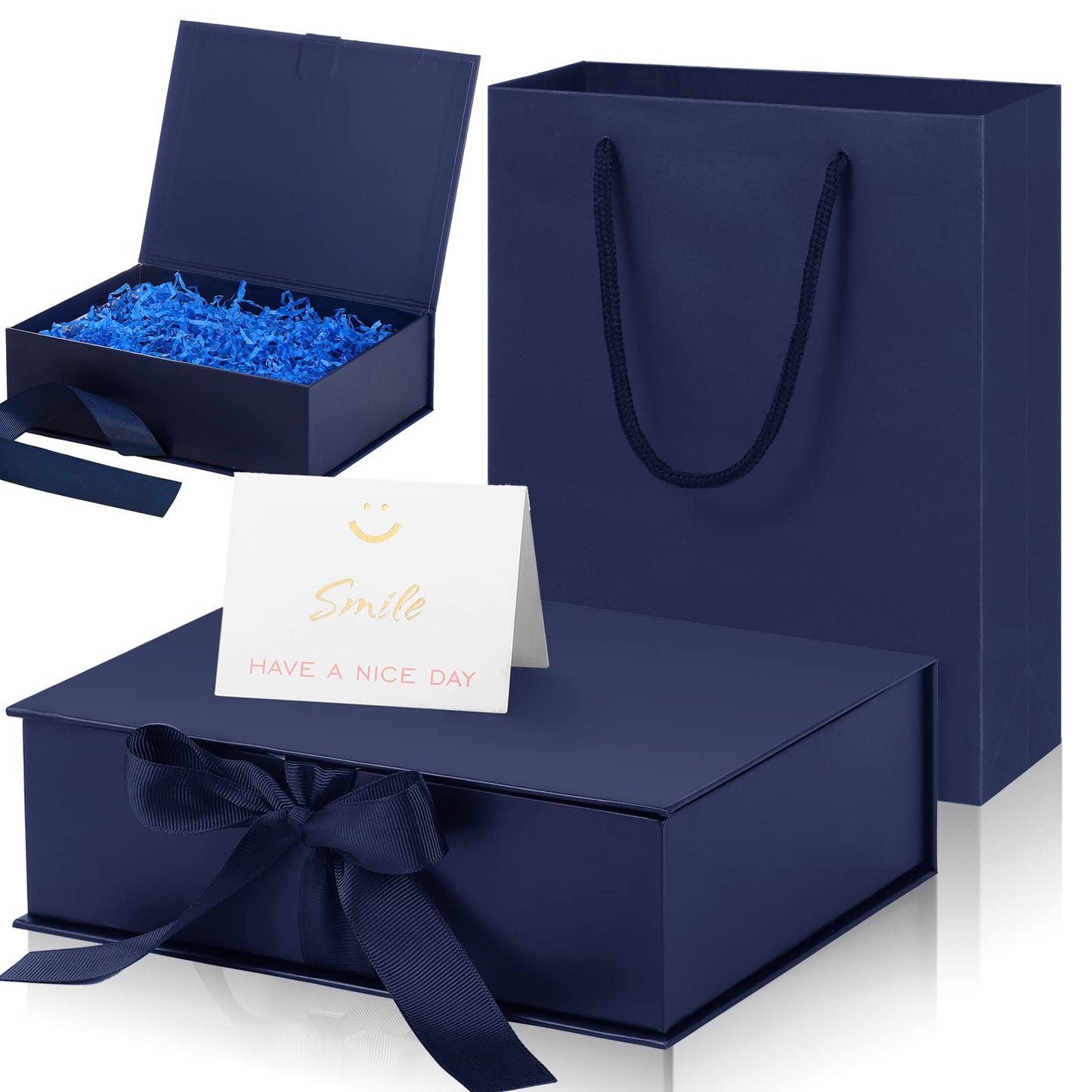 Zonon Dark Blue Luxury Gift Box with Lid and Ribbon 9 x 7 x 3'' Gift Bag with Greeting Card Tissue Paper for Decoration Wedding Easter Graduation Birthday Party Favor Present Supplies