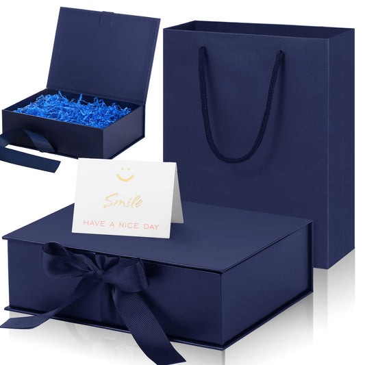 Zonon Dark Blue Luxury Gift Box with Lid and Ribbon 9 x 7 x 3'' Gift Bag with Greeting Card Tissue Paper for Decoration Wedding Easter Graduation Birthday Party Favor Present Supplies