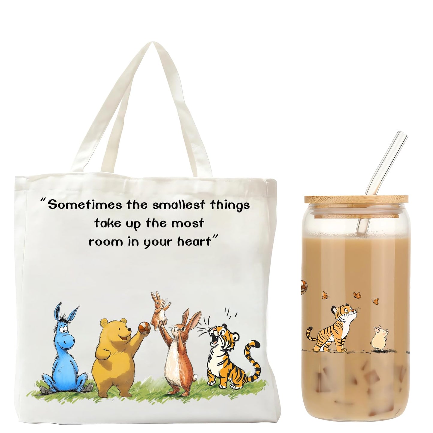Cute Bear Gifts for Women, Canvas Tote Bag & 16 oz Iced Coffee Glass Cup Set, Birthday Gifts for Best Friends Bear Lovers