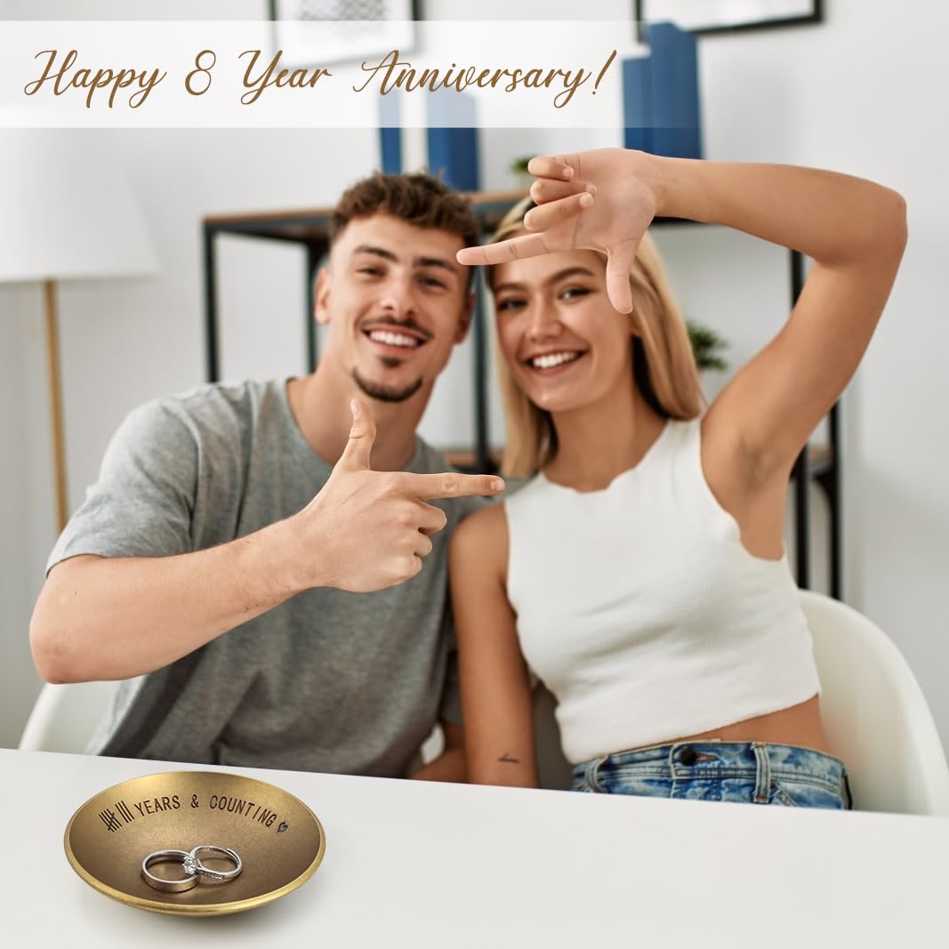 Urllinz Bronze 8 Year Anniversary Wedding Gifts - 8th Anniversary Jewelry Tray for Him Men Wife Couple, Bronze Ring Holder Dish & Card & Gift Box, 4"