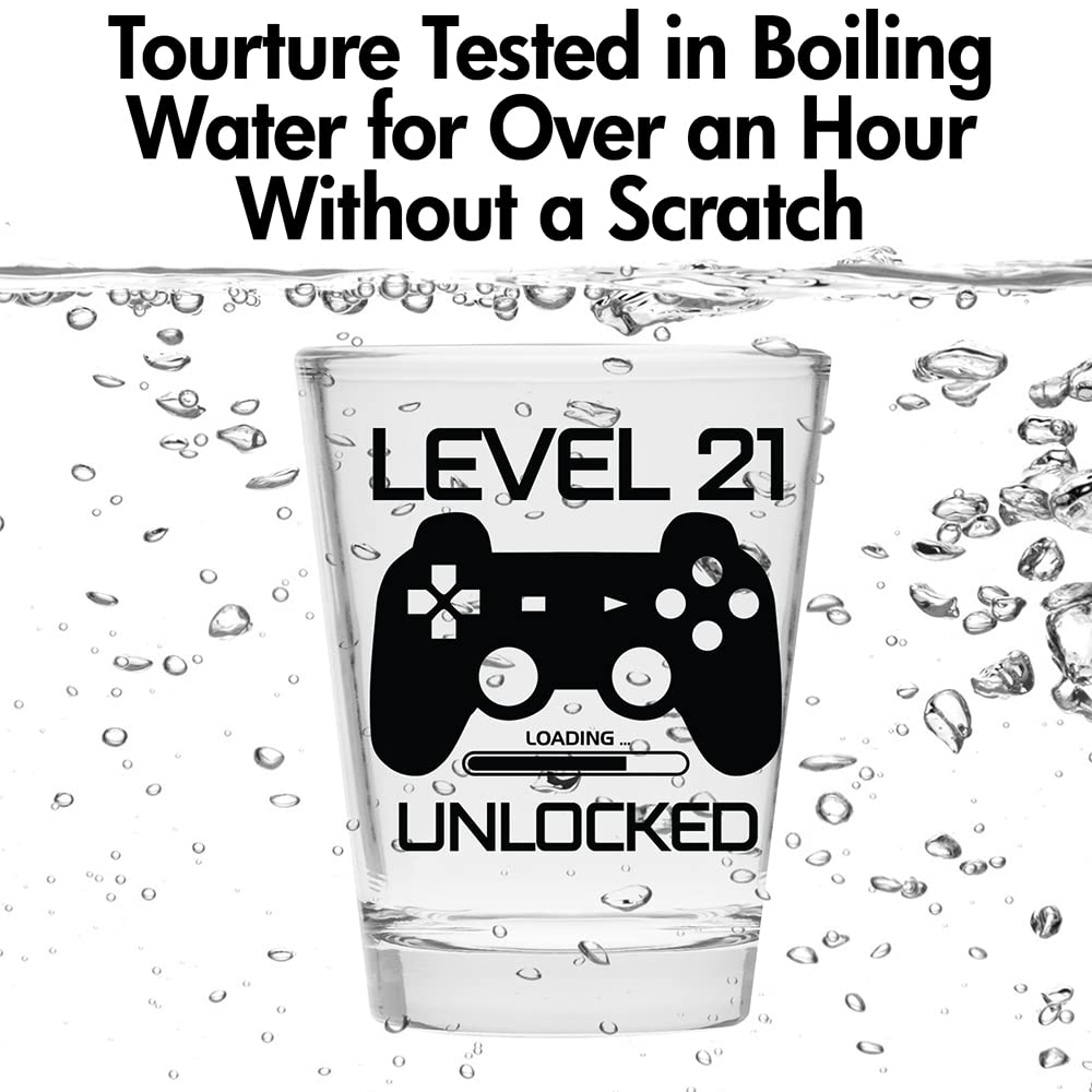 Make Em Laugh Level 21 Unlocked Shot Glass – Funny 21st Birthday Shot Glass for Him or Her – Celebrate Turning Twenty-One with Party Supplies and Drinking Gifts for Men and Women