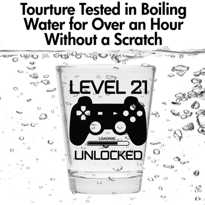 Make Em Laugh Level 21 Unlocked Shot Glass – Funny 21st Birthday Shot Glass for Him or Her – Celebrate Turning Twenty-One with Party Supplies and Drinking Gifts for Men and Women