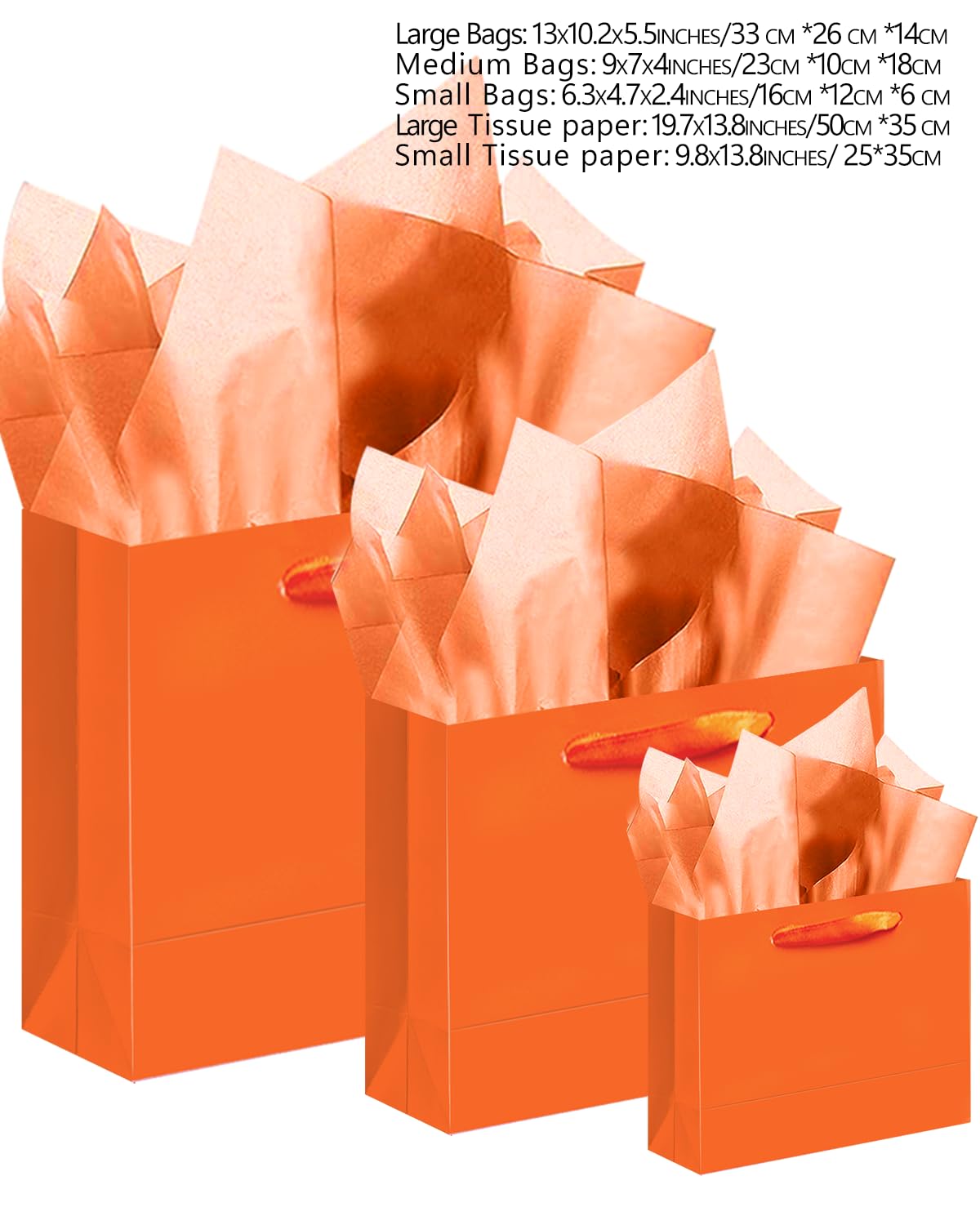 qiqee 10PCS Bright Orange Gift Bags with Ribbon Handles Mulit Assorted Sizes Gift Wide Bags (2pcs Large 13", 4pcs Medium 9.6", 4pcs Small 6.3",Tissue Paper)
