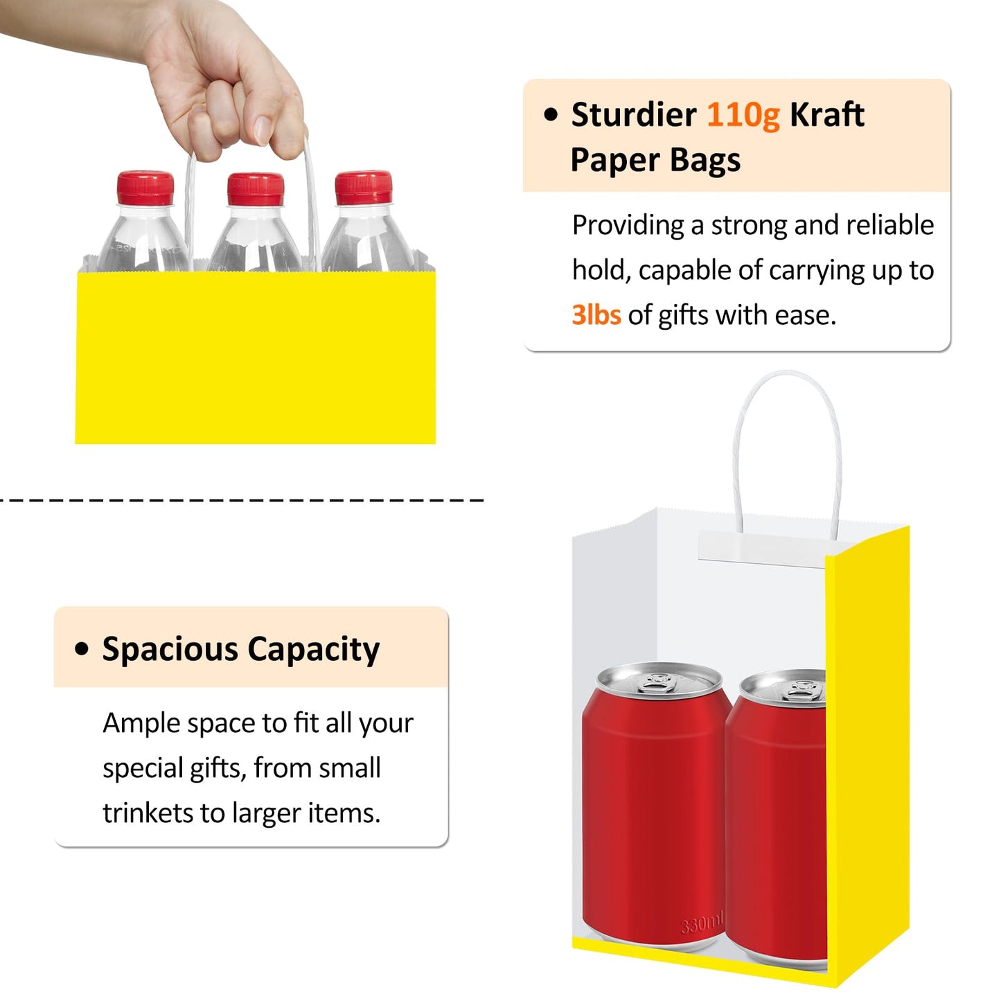 BagDream 5.25x3x8 Inch 100Pcs Yellow Gift Bags with Handles Small Kraft Paper Bags Bulk for Welcome Party Favors, Baby Shower, Goody, Treat, Retail, Grocery Paper Sacks