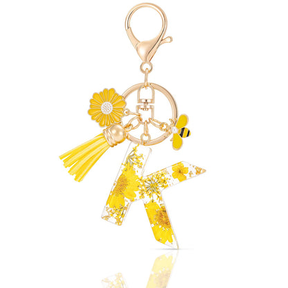 MWOOT Initial Letter Keychain Resin Alphabet Keyrings,Yellow Petals Gold Foil Key Ring Key Chain Charm