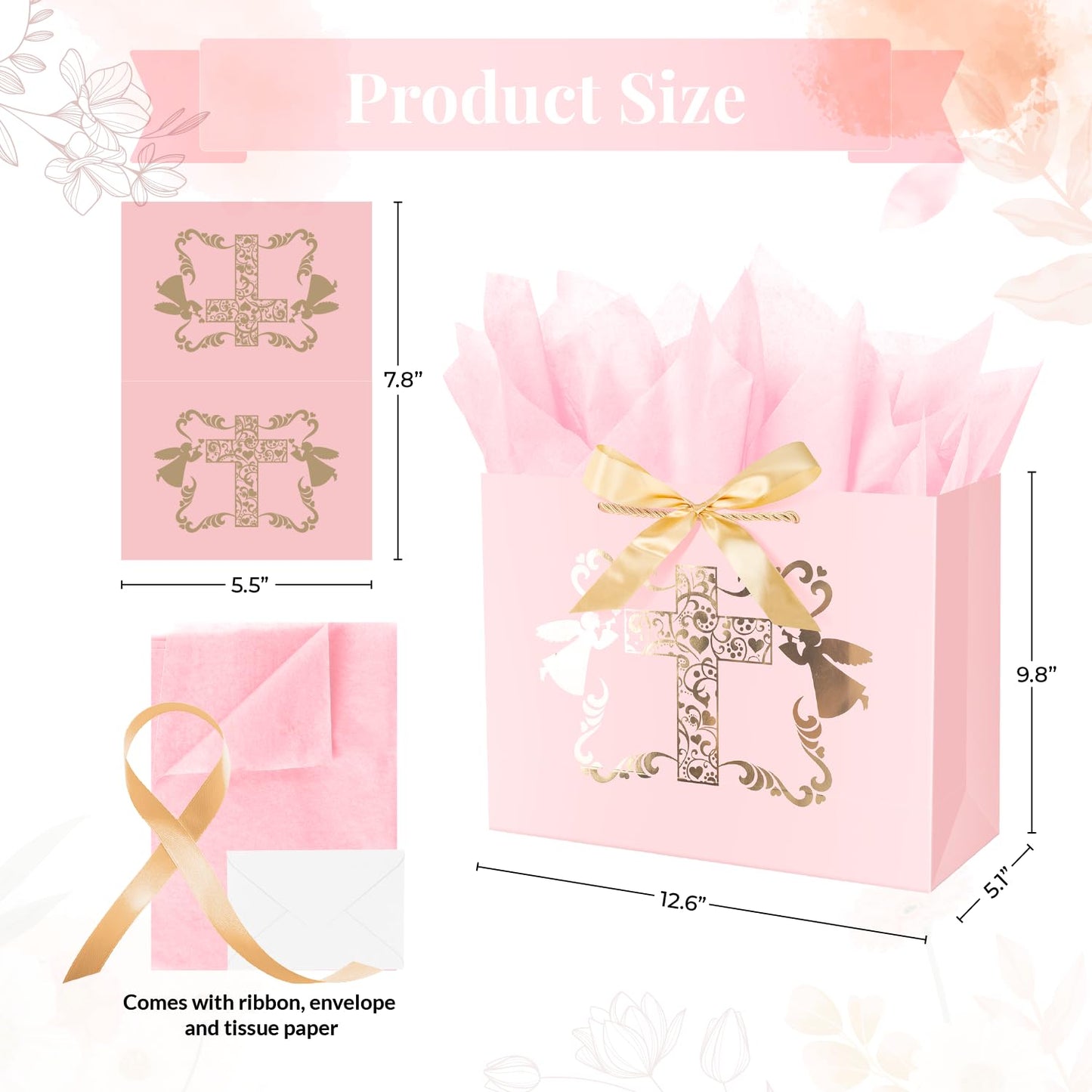 ysmile Baptism Gift Bag with Tissue Paper for Girl Pink Cross Gift Bag for Christenings First Communions Religious 12.6"