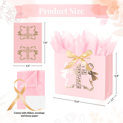 ysmile Baptism Gift Bag with Tissue Paper for Girl Pink Cross Gift Bag for Christenings First Communions Religious 12.6"