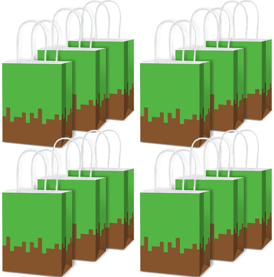 12Pcs Pixel Theme Party Favor Bags Video Game Party Supplies Pixel Paper Gift Mining Theme Goodie Bags with Handle Gamer Birthday Treat Candy Bag for Kids Pixelated Birthday Baby Shower Decoration