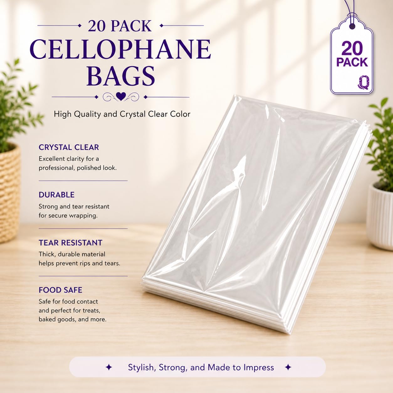 Purple Q Crafts Clear Basket Bags, 20 Pack Large Clear Cellophane Wrap for Baskets & Gifts 24"x30" 1.5 Mil Thick (20)