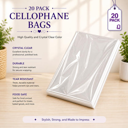 Purple Q Crafts Clear Basket Bags, 20 Pack Large Clear Cellophane Wrap for Baskets & Gifts 24"x30" 1.5 Mil Thick (20)