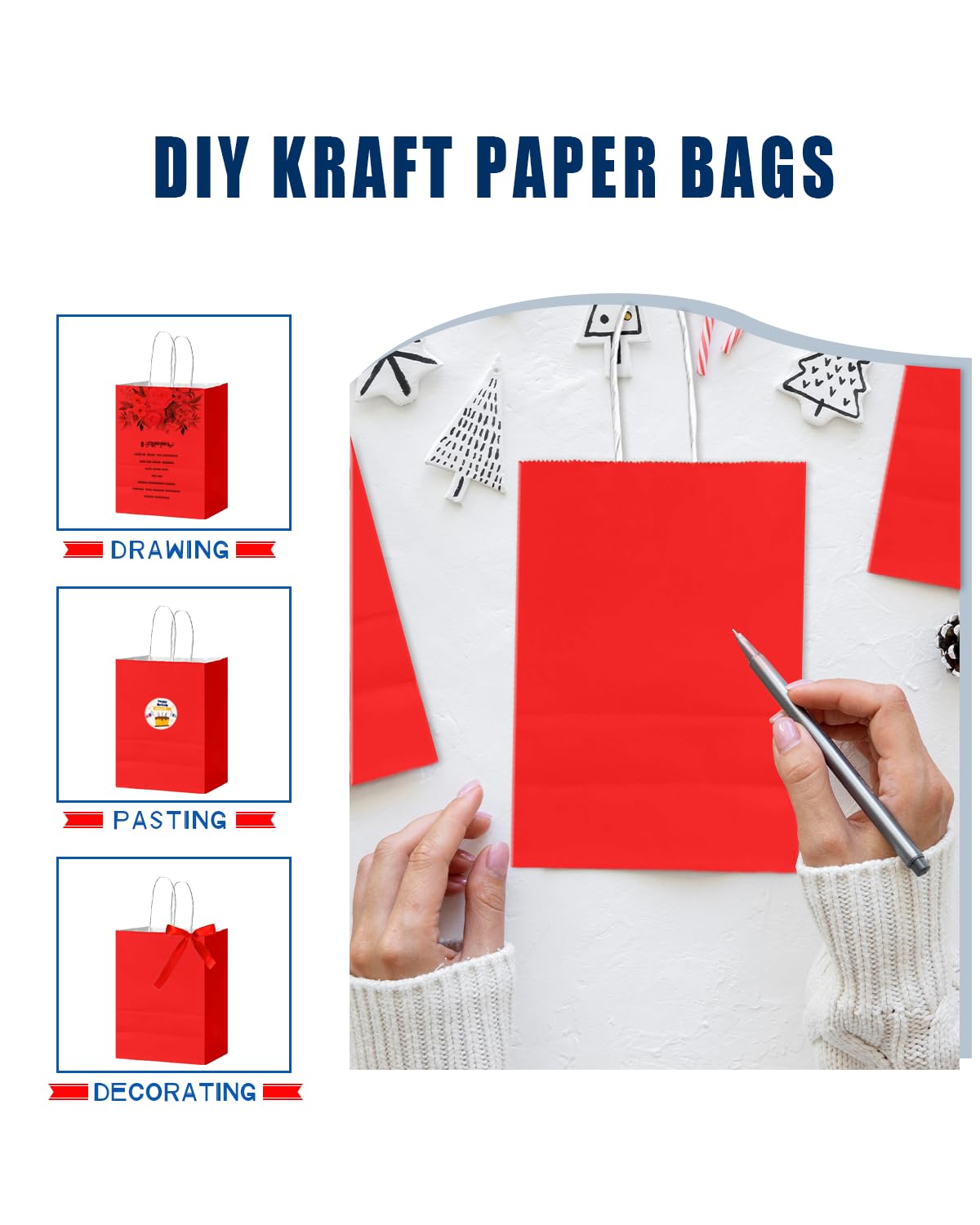 Bakepacker 24Pcs Paper Gift Bag with Handles Bulk Red Paper Bags Multiple Uses (8.3"x6"x3.15", Small Size)