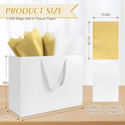 Ethhqu 3 Pack Extra Large White Gift Bags with Handles, 16x6x12 Inches - Includes 6 Tissue Papers for Birthday, Wedding, Shopping Business, Thanksgiving, Christmas&Holiday (White Extra Large-3 Pcs)