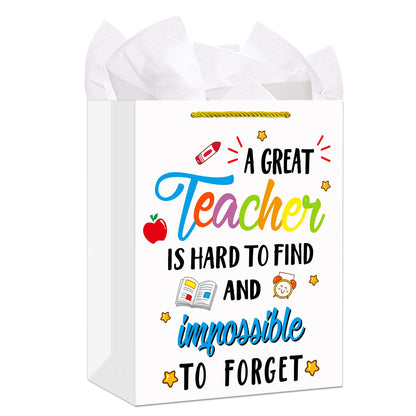 FaCraft Teacher Gift Bags with Handle-11.5" Large Teacher Appreciation Gift Bag with Tissue Paper End of Year Graduation Gifts for Teachers Retirement Appreciation Day Xmas Gifts for Teachers