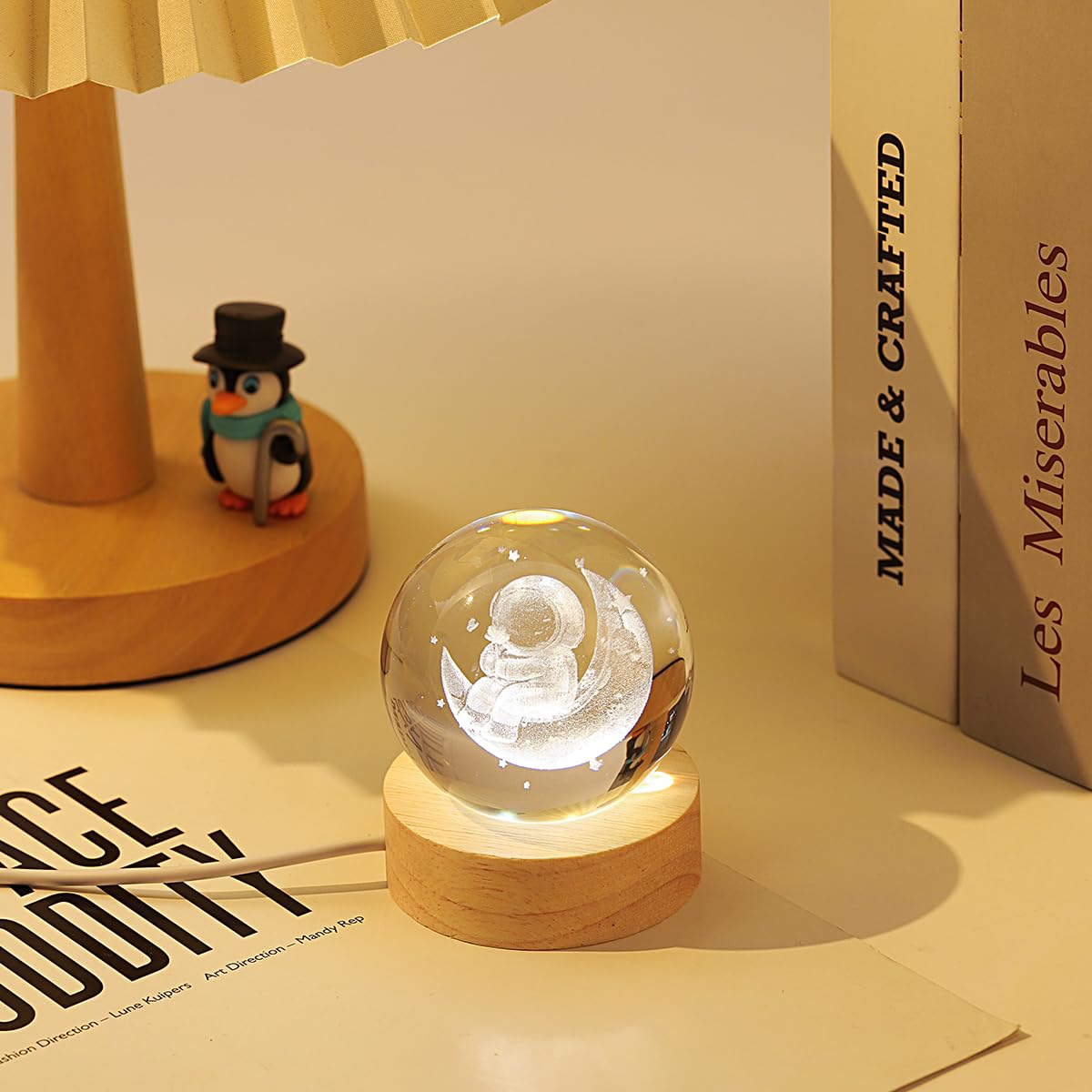 3D Moon Crystal Ball Lamp with Adjustable Brightness LED Wooden Base,Night Light for Kids Teens Adults,Birthday Gift Home Desk Office Bedroom Decor (6cm / 2.4”)