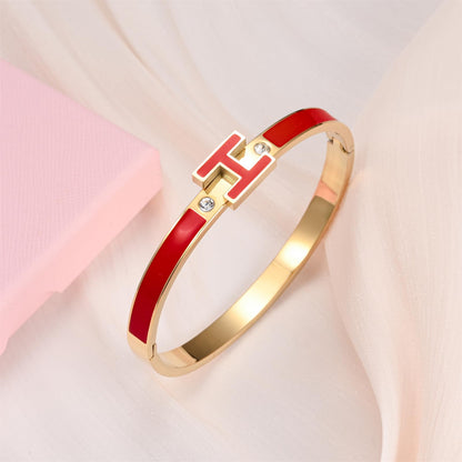 Gold Bracelets for Women, H Bangle Bracelet, Dainty 18K Gold Plated Stainless Steel Enamel Bracelet for Everyday, Work, Party, Stackable Gift for Mom, Wife, Girlfriend