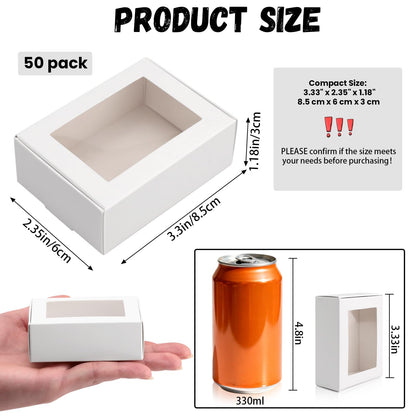 BadenBach 50 PCS Mini Kraft Boxes with Windows,3.33" x 2.35" x 1.18",Small Soap Box for Homemade Soap,Paper Small Gift Boxes Bulk for Candy Cookies Party Favors Mother's Day Supplies(White)