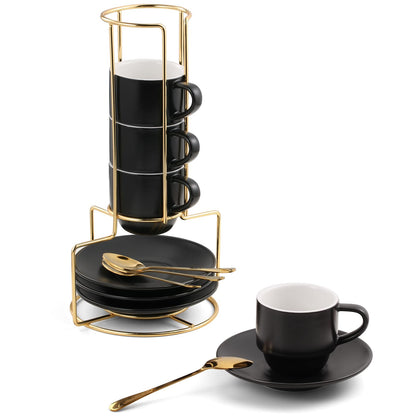 Lareina 3-Ounce Espresso Cups Set of 4, Small Stackable Coffee Cups with Saucers, Spoons and Metal Stand, Ceramic Demitasse Mugs, Espresso Accessories for Machine, Black