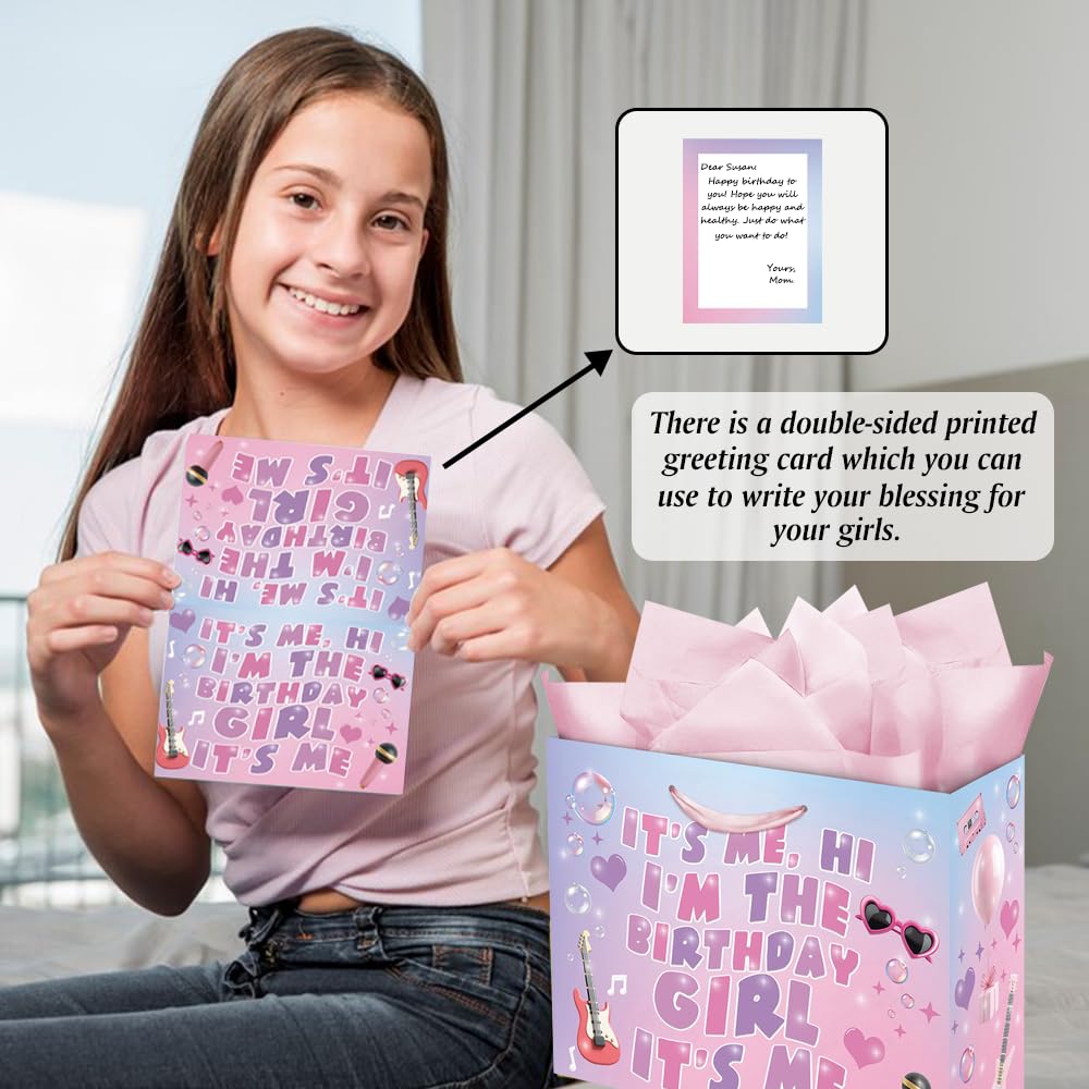 Eaureum It's Me Hi I'm The Birthday Girl Gift Bag for Girls, Purple Pink Blue Birthday Gift Bag Party Decorations for Girls Daughter Granddaughter Friends