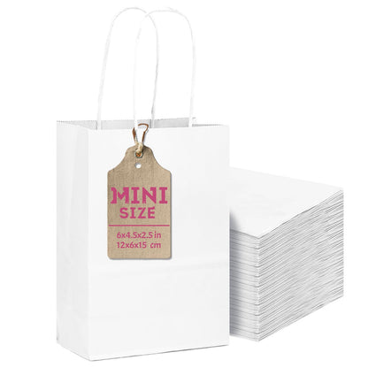 qiqee 50-Packs White Paper Gift Bags with Handles Bulk 4.5"x2.5"x6" Mini Size Party Favor Bags Multiple Uses