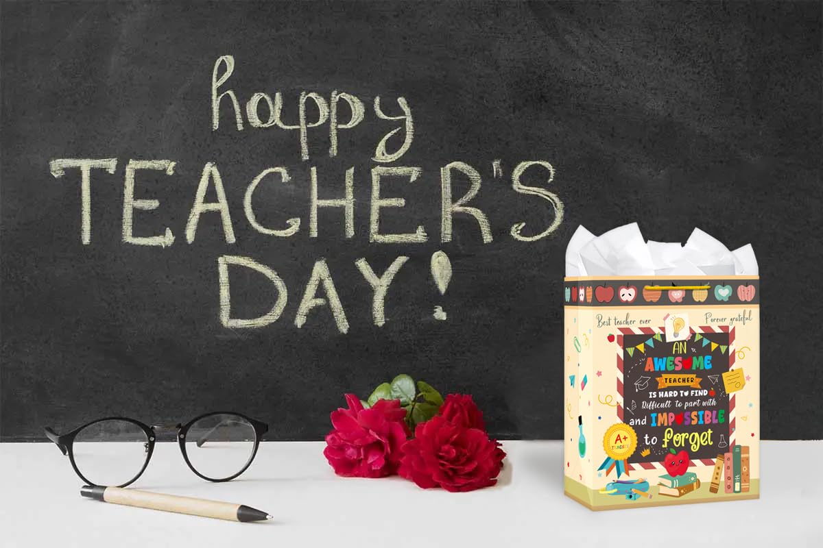 HEYINSHEN Teacher Appreciation Gift Bag 13'' Teacher Gift Bag with Handles and Tissue Paper Best Teacher Ever Appreciation Day Goodies Bag Cards Notebook Line Gifts for Retirement Graduation Supplies