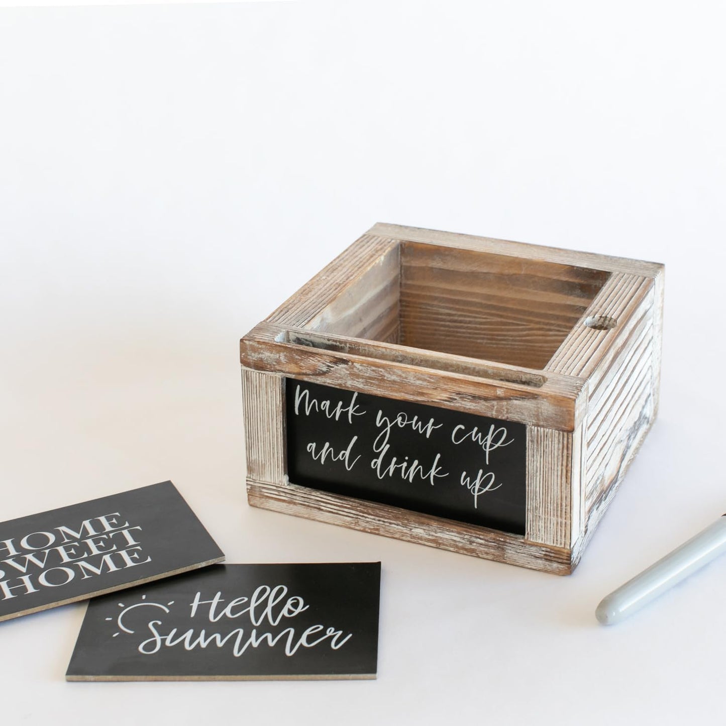 Rustic Party Cup Holder With Marker Slot- Drink Caddy With Interchangeable Signs- Mark Your Cup And Drink Up-Hosting Essentials Wood Cup Dispenser- Brunch Supplies- Disposable Cup Holder Hostess Gifts