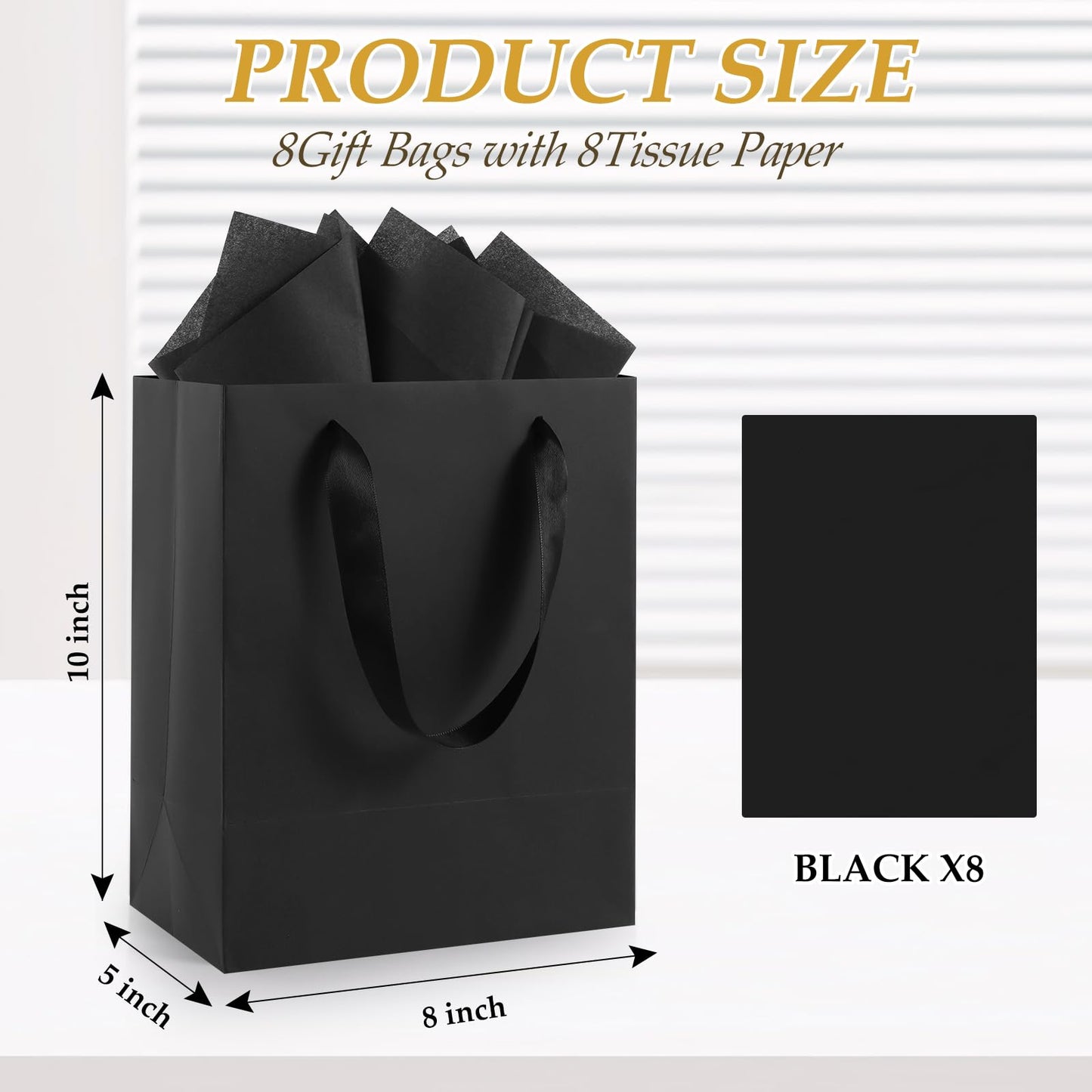 Epoesch 8 Pack Black Small Gift Bags with Handles and Tissue Paper, 8x5x10 Inch Paper Bags for Men, Women, Birthdays Party, Baby Showers, Weddings, Valentine's Day, Easter, Anniversaries (Black small-8Pcs)