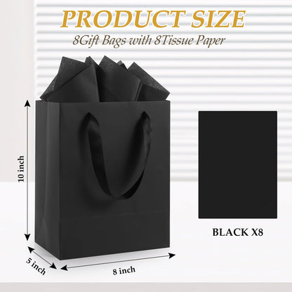 Epoesch 8 Pack Black Small Gift Bags with Handles and Tissue Paper, 8x5x10 Inch Paper Bags for Men, Women, Birthdays Party, Baby Showers, Weddings, Valentine's Day, Easter, Anniversaries (Black small-8Pcs)