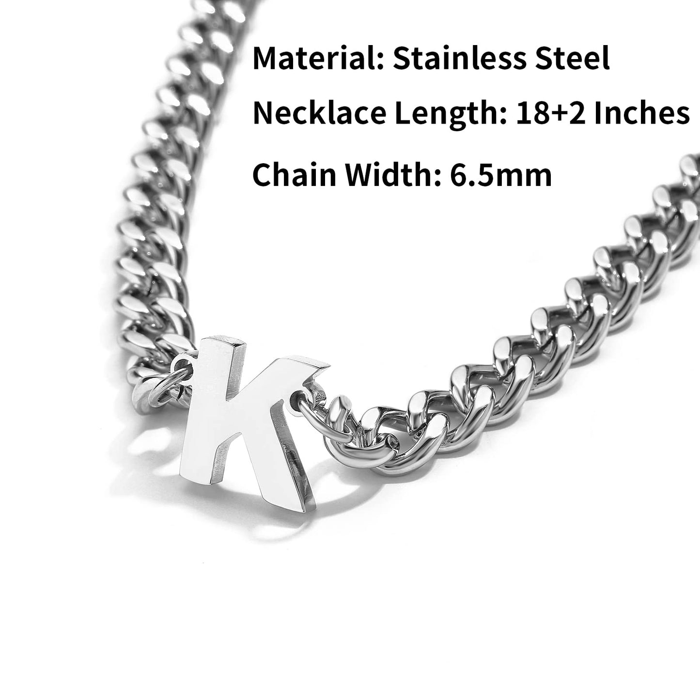 DuoDiner Graduation Gifts-Initial A-Z Cuban Link Chain Necklaces for Men Boys Letter Pendant Stainless Steel 6.5mm 18+2 Inches,Jewelry Gifts
