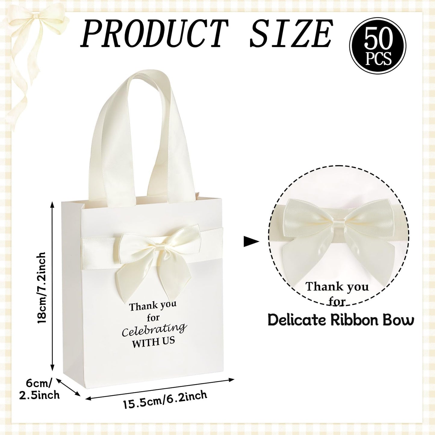 50 Pcs Wedding Gift Bags for Guests Bulk with Bow Ribbon Handles 6.2x7.2x2.5 Inch Wedding Favor Bag Thank You Gift Bags for Party Favor Bridesmaid Bags Bridal Shower Valentine Birthday Supplies(Beige)