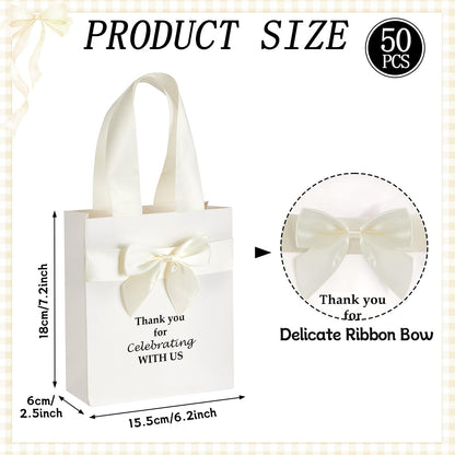 50 Pcs Wedding Gift Bags for Guests Bulk with Bow Ribbon Handles 6.2x7.2x2.5 Inch Wedding Favor Bag Thank You Gift Bags for Party Favor Bridesmaid Bags Bridal Shower Valentine Birthday Supplies(Beige)