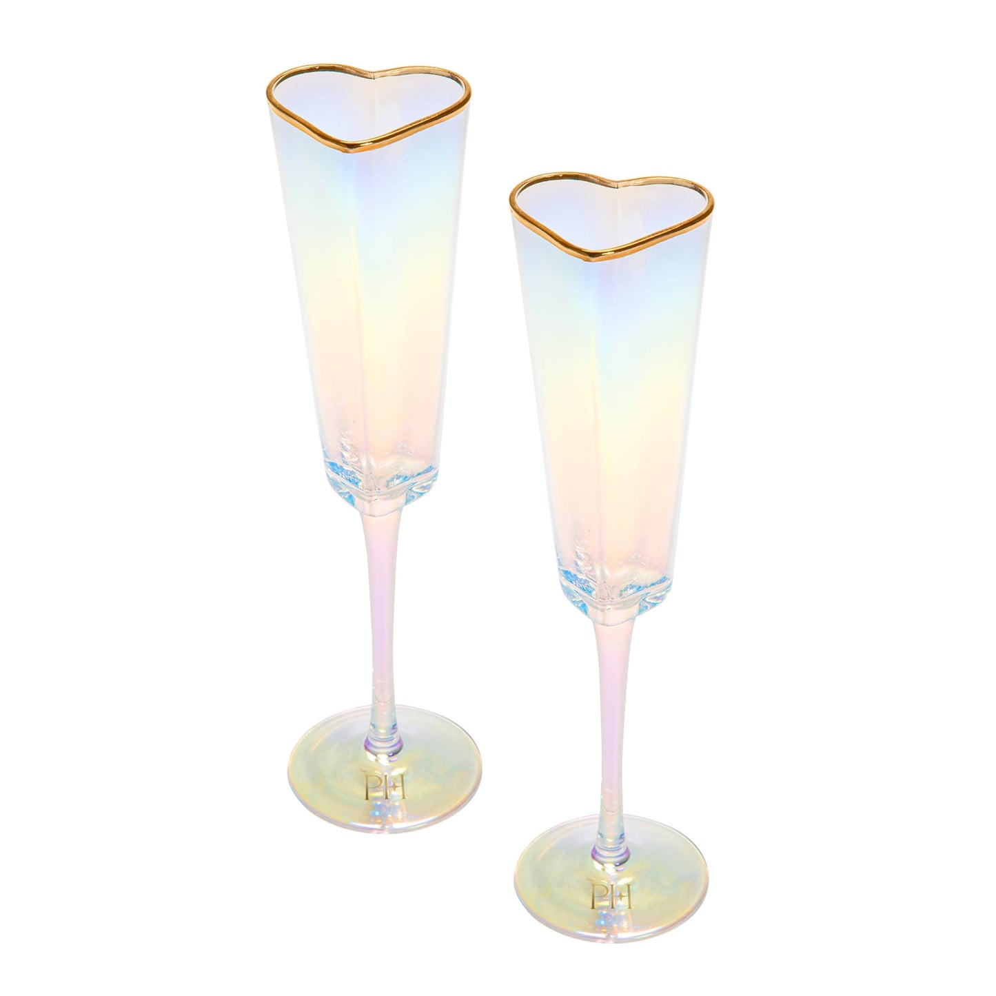 Paris Hilton Heart Shaped Champagne Flute Gift Set, Elegant Handmade Glassware Set, Perfect for Celebrations, Weddings or any Special Occasion, 2-Piece Set, 5.5-Ounce, Iridescent with Gold Rim