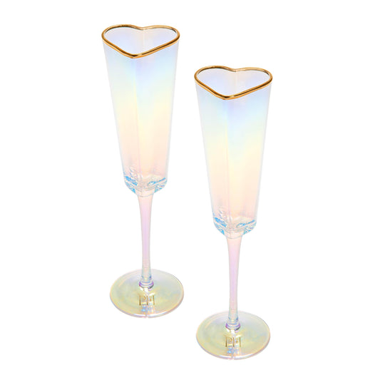 Paris Hilton Heart Shaped Champagne Flute Gift Set, Elegant Handmade Glassware Set, Perfect for Celebrations, Weddings or any Special Occasion, 2-Piece Set, 5.5-Ounce, Iridescent with Gold Rim